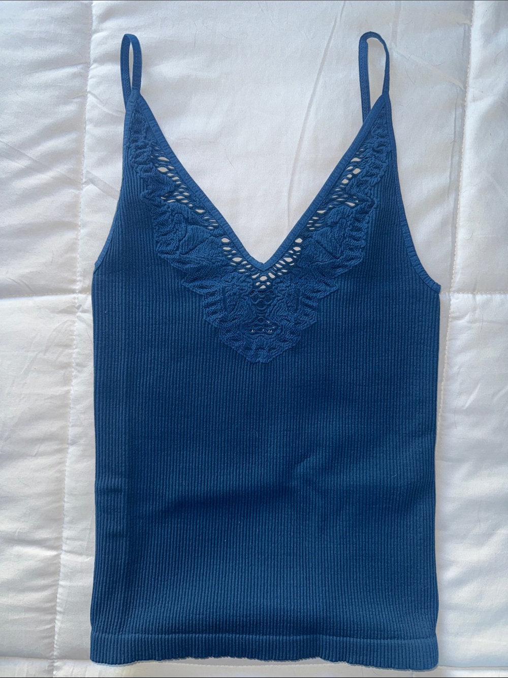 Free People Indigo Ribbed Lace-Trim V-Neck Cami